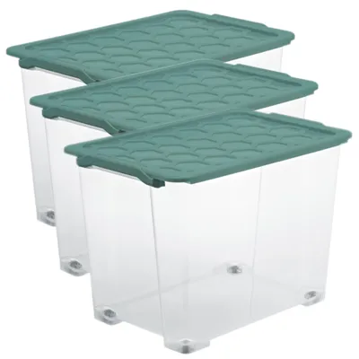 Produktbild von Rotho 3er Set Aufbewahrungsbox mit Rollen 65L Evo Safe - Kunststoffbox je 59,0 x 39,5 x 41,2 cm - Stapelbox mit Deckel