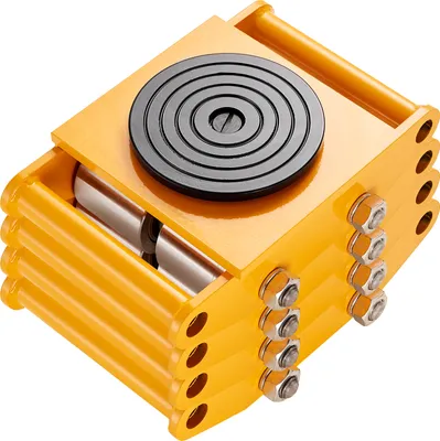 A yellow industrial roller with a black rotating top sits on a white background.