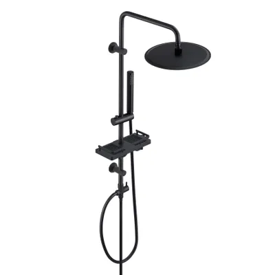Produktbild von JOHO Regendusche Duschsystem mit Ablage, Edelstahl Duschset ohne Armatur mit XL Kopfbrause Rund D25cm Schwarz