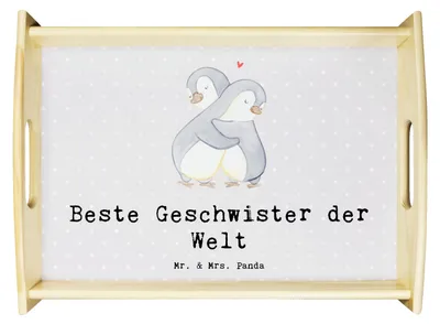 Produktbild von Mr. & Mrs. Panda Holztablett Pinguin Beste Geschwister der Welt - Grau Pastell - Geschenk, betttablett, Bett-Tablett, Sofa Tablett, Geburtstagsgeschenk, Geschenkidee