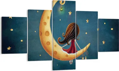 Produktbild von Bild auf Leinwand - Leinwandbild - 5 Teile - Kinder Mädchen Mond - 125x70cm - Wand Bild - Wanddeko - Wandbilder - Leinwanddruck - Bilder - Wanddekoration - Leinwand bilder - Wandbild - EA125x70-4683