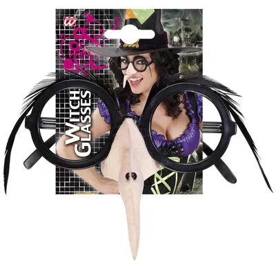 Heksenneusbrille mit Federbrauen, schwarz, Halloween