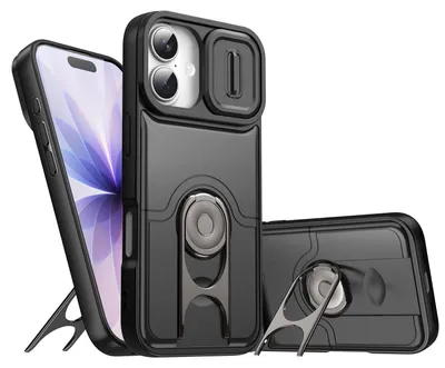 Obrázek produktu pro Pouzdro pro iPhone 15, Posuvným krytem fotoaparátu a kroužkovým stojánkem, nárazuvzdorné ochranné pouzdro Černá