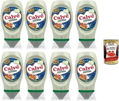 Produktbild von Calvé Tzatziki Sauce, 8 Stück à 250ml, Tzatziki Sauce auf Basis von Gurke und Knoblauch, Ideal für Dips, Salate, Fleisch und Fisch, Ohne Farbstoffe, Glutenfrei, Vegan + Italian Gourmet polpa 400g