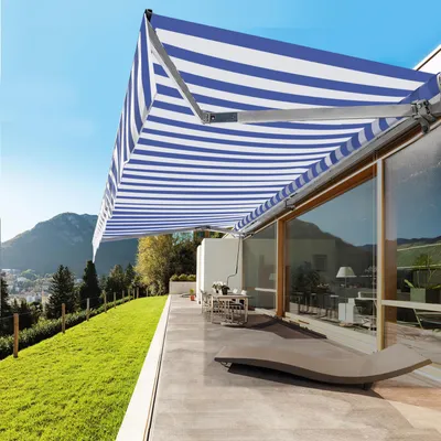 Produktbild von Izrielar 350x300cm Sonnenmarkise Gelenkarmmarkise Aluminium Markise Klemmarkise mit Handkurbel Balkonmarkise Sonnenschutz Blau Weiß