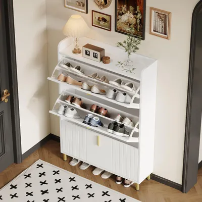 Produktbild von Schmaler Schuhschrank, 3 Klappen, 6 Fächer, Weiß