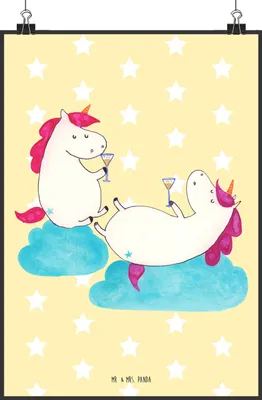 Produktbild von Mr. & Mrs. Panda Bild Einhorn Sekt DIN A2 - Gelb Pastell - Geschenk, wanddeko, drucke, Party, Kunstdruck, Wandbild, Freundinnen, Mädelsabend, Einhörner, Unicorn