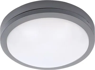 A close-up, studio shot of a gray and white LED ceiling light.
