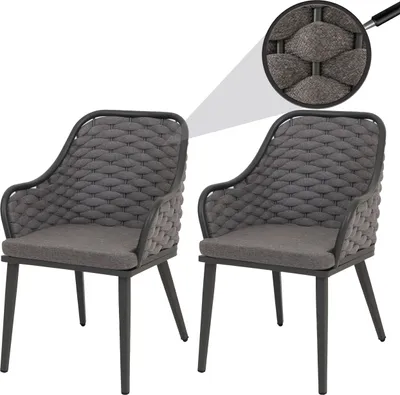 Produktbild von 2er-Set Aluminium-Gartenstuhl HWC-O16, Outdoor Stuhl, Olefin (200 g/m²) Seilgeflecht Rope  anthrazit Kissen dunkelgrau