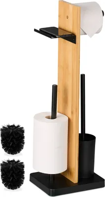 Produktbild von Relaxdays WC Garnitur, Bambus, HBT: 68x27x18 cm, freistehender Klopapierhalter, Ablage, Toilettenbürste, schwarz/natur