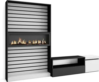 Produktbild von Wohnwand Wohnzimmer, 260x35x186cm, Für TV-Geräte bis zu 65", Elektrokamin XXL. Weiß und Schwarz