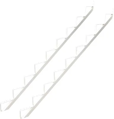 Two white stair stringers with multiple steps, arranged diagonally against a white background.