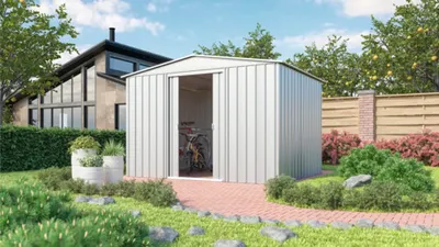 Produktbild von Gerätehaus GLOBEL 10x8 Satteldach 307 x 245 cm silber