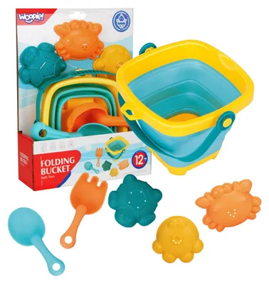 Immagine prodotto di WOOPIE BABY Set composto da secchiello pieghevole, rastrellino, paletta e formine, colore blu