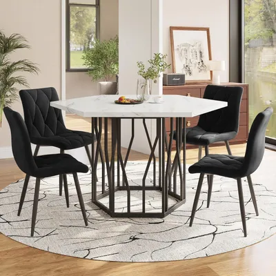 Obrázok produktu pre Jedálenská zostava: stôl a 4 stoličky, biela mramorová doska, rozmer 115,5 x 100 x 75 cm, čalúnené stoličky s čalúnením z velúru