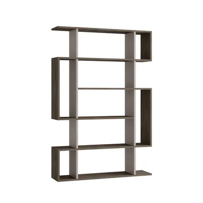 A modern, multi-level bookshelf with an asymmetrical design.