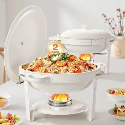 Produktbild von WARMOUNTS Chafing Dish 2er Set 5QT Buffet Warmhalter Rund Edelstahl mit Deckelhalter Stapelbar Catering Hochzeit Party, Weiß