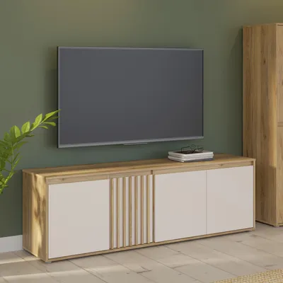 Produktbild von Forte ELISTON TV-Schrank 170 180, modernes Lowboard mit Lamellendesign, 4-türig, Wohnzimmer, Mauvella Eiche Holzdekor|Kashmir Beige, 174,3 cm breit x 56,1 cm hoch x 41,5 cm tief