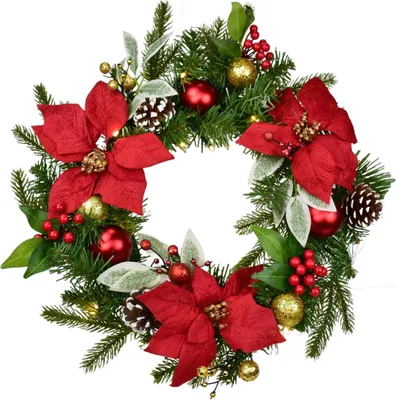 Image de Couronne avec ponsettes avec boules rouges et or 15×LED Ø40 cm