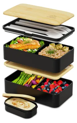 Bento Lunchbox 1200 ml, 2 Behälter, 4 Besteckteile, Schwarz & Bambus