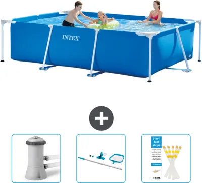 Produktbild von Intex-Schwimmbecken mit rechteckigem Rahmen – 300 x 200 x 75 cm – Blau – im Lieferumfang enthalten Filterpumpe für Schwimmbad - Reinigungskit - Teststreifen