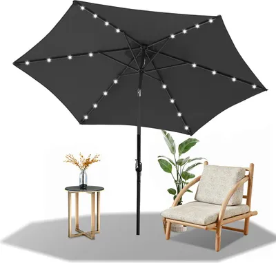 Produktbild von Faziango 2.7m Sonnenschirm UV50+ Neigbar Sonnenschutz Gartenschirm Strandschirm LED Solar, knickbar, Schirmtuch mit PA-Beschichtung, Grau