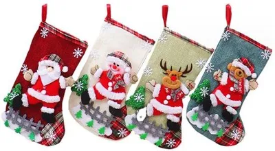 Imagen del producto de Uniqoos® Juego de 4 calcetines navideños de lino, 26 x 16 cm – Decoración para el hogar y el árbol de Navidad, con motivos de Papá Noel, muñeco de nieve, reno y oso