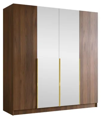 Produktbild von MIRJAN24 Kleiderschrank Santi II, Schlafzimmer, mit Spiegel, Drehtürenschrank, mit Kleiderstange, Modern, Garderobenschrank, Metallgriffe (Farbe: Nuss Warmia + Gold)