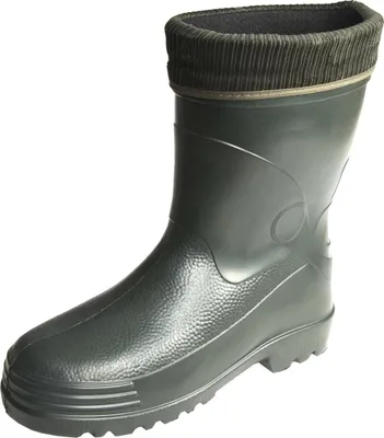 A single green rubber boot with a brown knitted cuff is shown against a white background.
