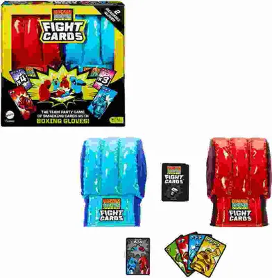 Produktbild von Mattel Games Rock ‘Em Sock ‘Em Robots Fight Cards, Kartenspiel mit Roboter-Kampfkarten und zwei Boxhandschuhen, Team-Partyspiel, Kartenspiel, Party, 8 Jahr(e), Familienspiel