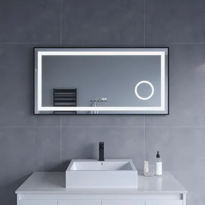 Produktbild von Badspiegel mit Beleuchtung Wandspiegel schwarz rechteckig 120x60 cm mit Uhr 3 Fach Vergrößerung Beschlagfrei Dimmbar Kaltweiß