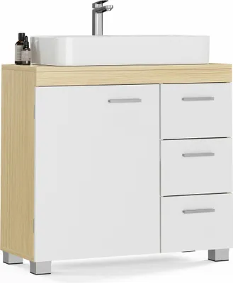 Produktbild von Szafka łazienkowa pod umywalkę biało-beżowa 3 szuflady MDF nowoczesna 70x64 cm