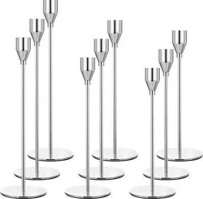 Produktbild von Famanu Set von 9 silbernen Kerzenhaltern, hohe Kerzenhalter für 3/4" dicke Kerzen - Silber