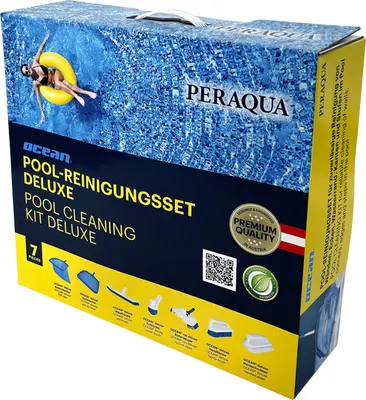 Ocean Pool-Reinigungsset De Luxe, Set eingepackt in Transportverpackung mit Einzelbildern des Zubehörs blau und gelb