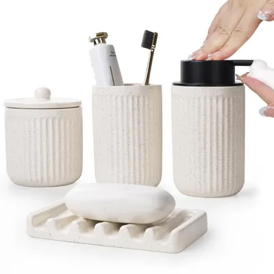 Productafbeelding van Badkamer set, beige, 4-delig, keramiek, bestaande uit: zeepdispenser, bekertje voor tandenborstel, zeepbakje en houder voor wattenstaafjes