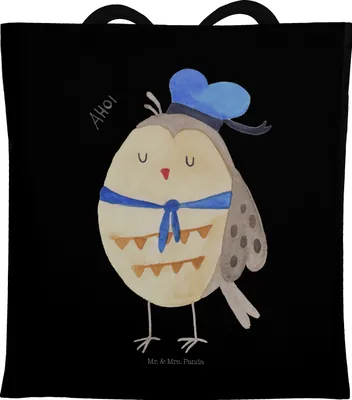Produktbild von Mr. & Mrs. Panda Schultasche Eule Matrose - Schwarz - Geschenk, Freundin, Tasche, Tote Bag, Owl, canvas, Hochzeitstag, Kapitän, Jutebeutel, totebag, Ehe, Stoffbeutel