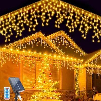 Image de Guirlande lumineuse solaire - Éclairage décoratif - Décoration extérieure - 264 LED effet pluie de glace - 8 mètres - Lumière blanc chaud