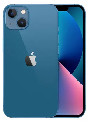 A blue iPhone 13 is shown from the back, with the screen visible on the right.