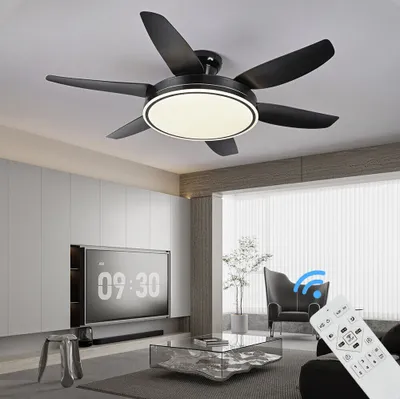 A modern living room with a ceiling fan with light.