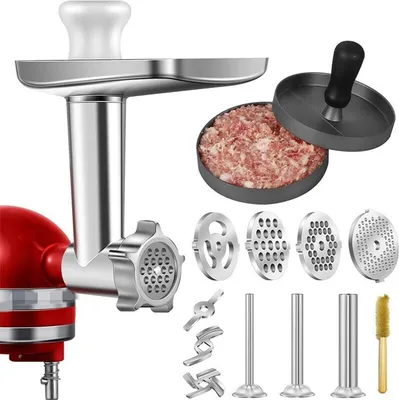 Produktbild von Fleischwolf-Aufsatz für KitchenAid-Standmixer, Metall Fleischwolfaufsatz inklusive 3 Wurstfüllrohren und einem Halter, 4 Mahlplatten, 2 Mahlklingen