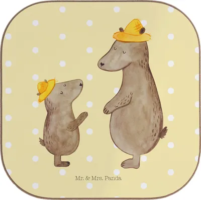 Produktbild von Mr. & Mrs. Panda Tassenuntersetzer Bären mit Hut - Gelb Pastell - Geschenk, Vatertag, Untersetzer Glas, Familie, Tischuntersetzer, Coaster, Papa, gläseruntersetzer