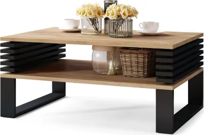 A coffee table with decorative items on it, set against a white background.