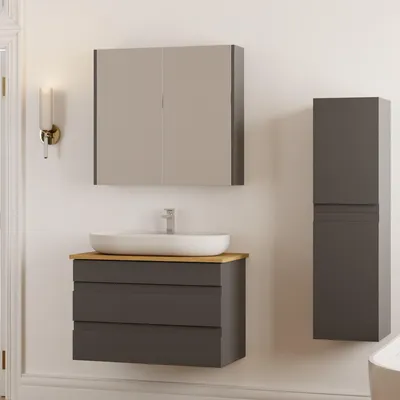 Produktbild von Badmöbel Set Lara Konsole 80 Eiche | Waschbecken | Unterschrank | Spiegelschrank