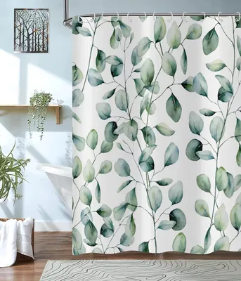 Produktbild von Grüner Duschvorhang mit salbeigrünen Eukalyptusblättern, Aquarell-Duschvorhang mit botanischen Pflanzenmotiven