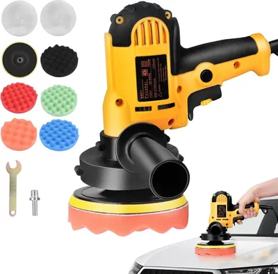 Immagine prodotto di Lucidatrice per auto - 700 W 220 V - 6 velocità regolabili - 3600 giri/min - Set con 5 tamponi di lucidatura - Giallo