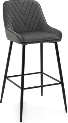 A gray bar stool with a padded seat and backrest, supported by black metal legs.