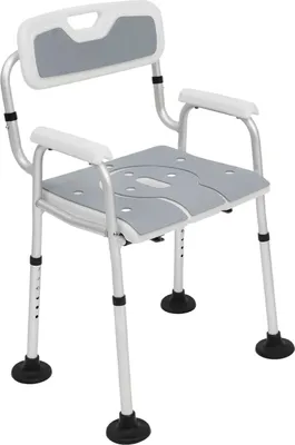Image de Chaise de douche & chaise de toilette - Autonome - Réglable en hauteur - Avec accoudoirs et dossier - Utilisable côté lit - Pour les personnes âgées - Pieds antidérapants - Gris