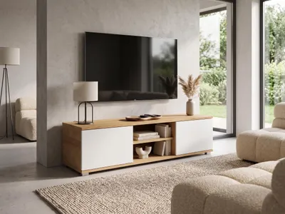 Obrázok produktu pre Televízny stolík so šírkou 120 cm | TV stolík v prevedení Hikora + biela | Kompaktný TV stolík s úložným priestorom a striebornými nožičkami, do moderných obývačiek