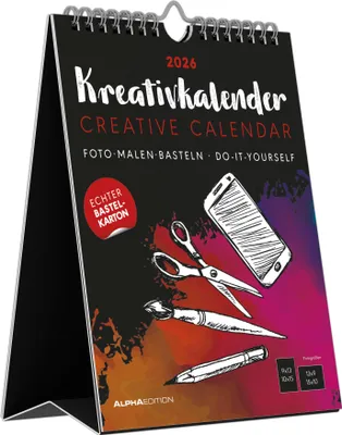 Produktbild von Alpha Edition - Kreativ-Kalender Tischaufsteller Hoch Schwarz 2026 - Bastelkalender 16×20 cm mit weißer Schrift, zum Aufstellen & Aufhängen, ideal für Fotos & kreative DIY-Geschenke
