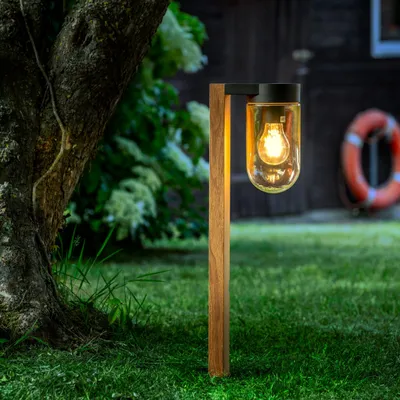 Bodenleuchte Außensäule 55 cm IP44 Holzoptik Metall Glas E27 dimmbar